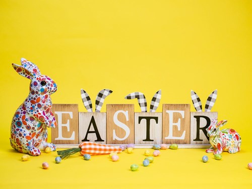 Graphic with Easter bunny and Easter text
